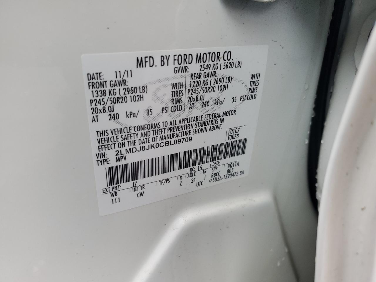 2012 Lincoln Mkx VIN: 2LMDJ8JK0CBL09709 Lot: 93038635