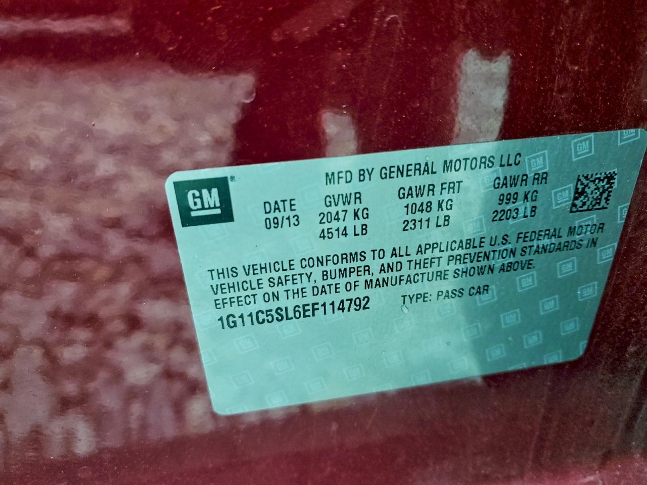 2014 Chevrolet Malibu 1Lt VIN: 1G11C5SL6EF114792 Lot: 93853125