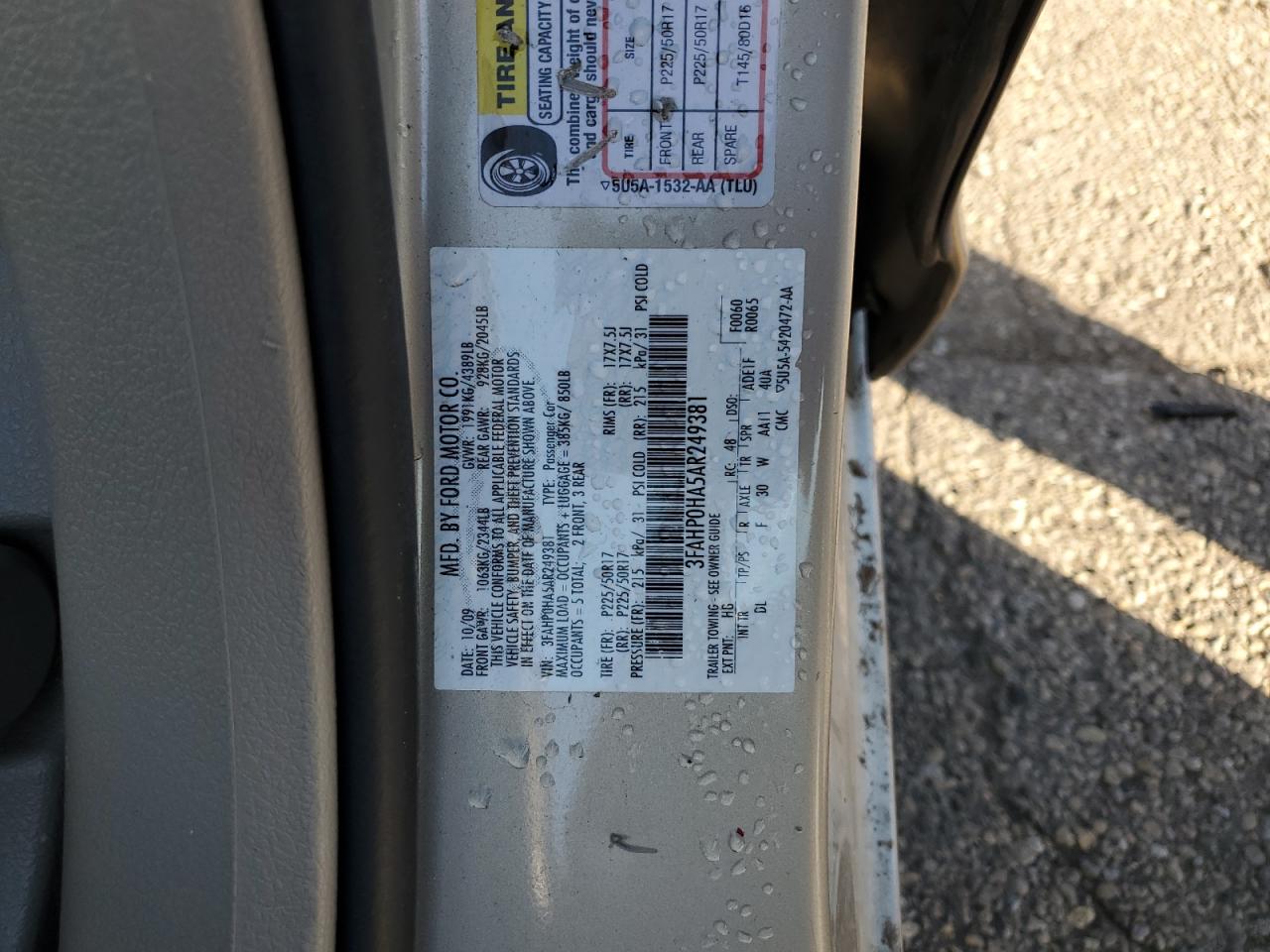 2010 Ford Fusion Se VIN: 3FAHP0HA5AR249381 Lot: 92371645