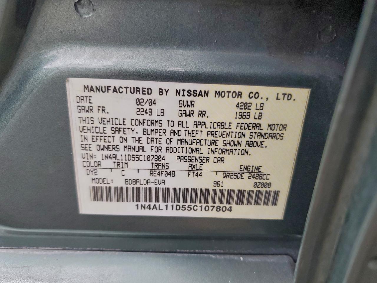 2005 Nissan Altima S VIN: 1N4AL11D55C107804 Lot: 94193455