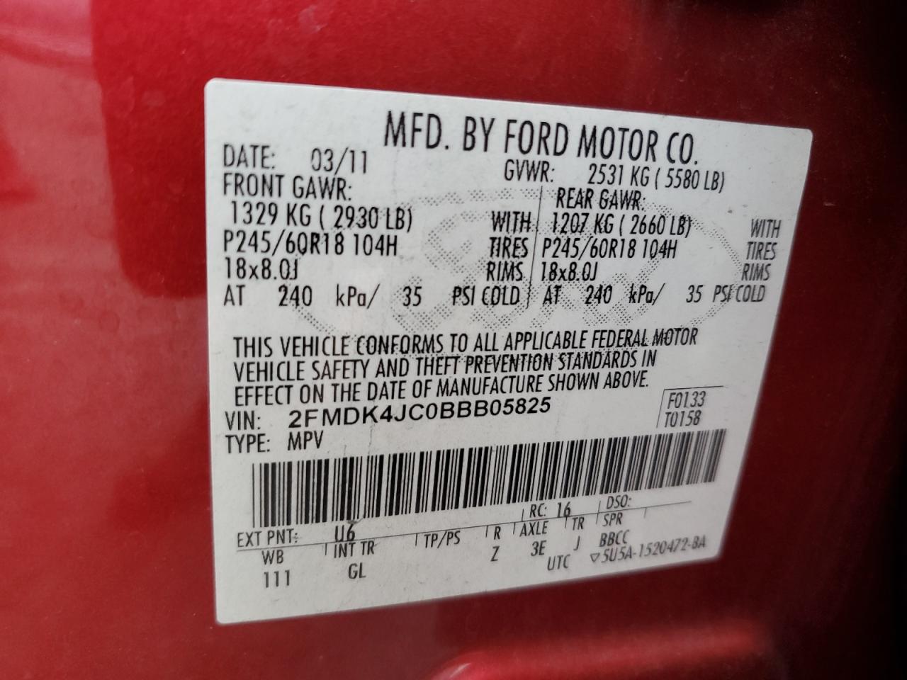 2011 Ford Edge Sel VIN: 2FMDK4JC0BBB05825 Lot: 92314505