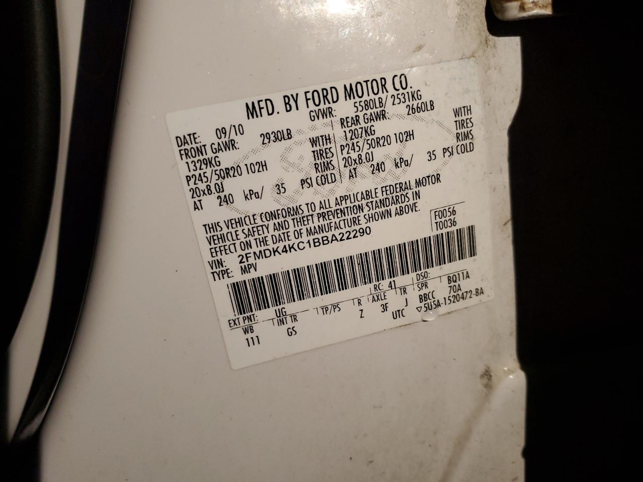 2011 Ford Edge Limited VIN: 2FMDK4KC1BBA22290 Lot: 93484645