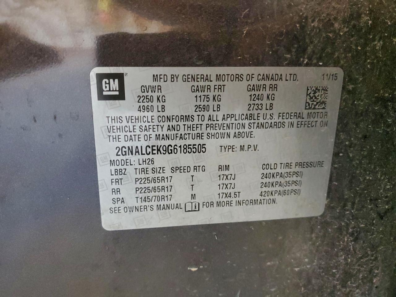 2016 Chevrolet Equinox Lt VIN: 2GNALCEK9G6185505 Lot: 94516905