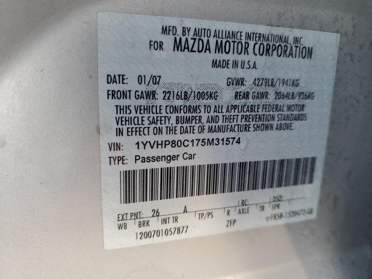 2007 Mazda 6 I VIN: 1YVHP80C175M31574 Lot: 91729915