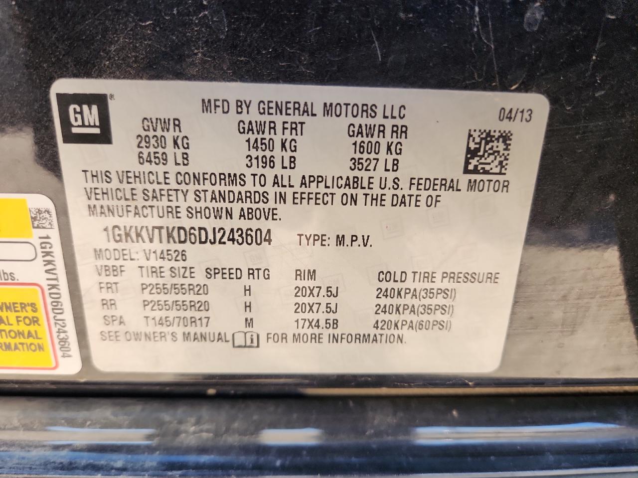 2013 GMC Acadia Denali VIN: 1GKKVTKD6DJ243604 Lot: 91430335