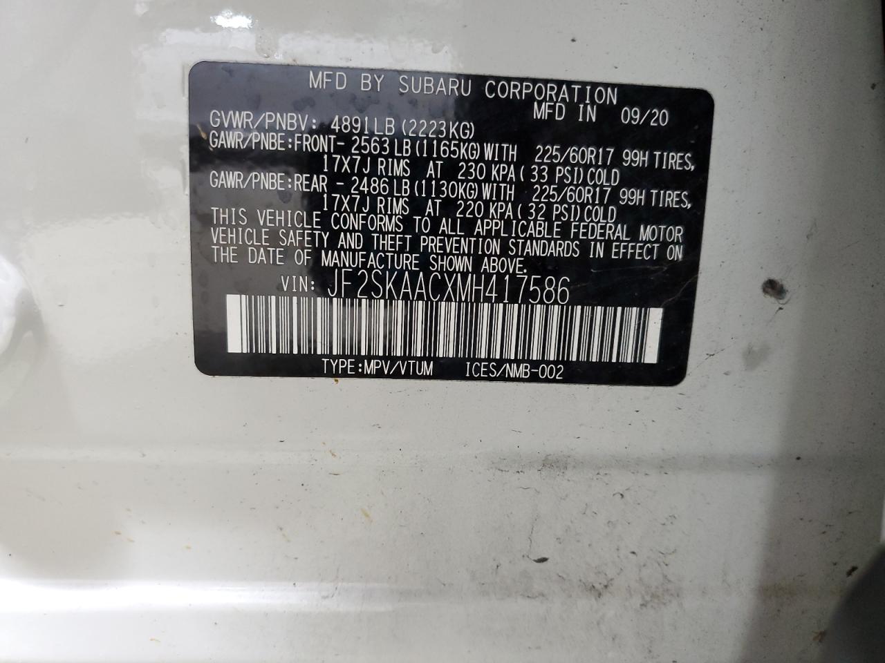 2021 Subaru Forester VIN: JF2SKAACXMH417586 Lot: 93440635