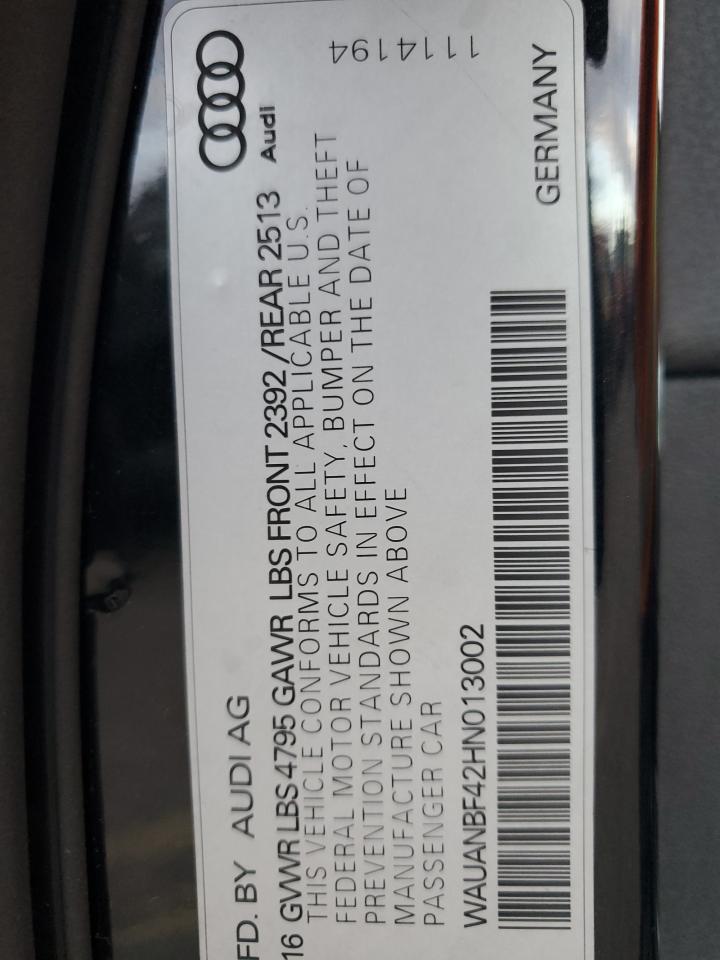 2017 Audi A4 Premium VIN: WAUANBF42HN013002 Lot: 93225405