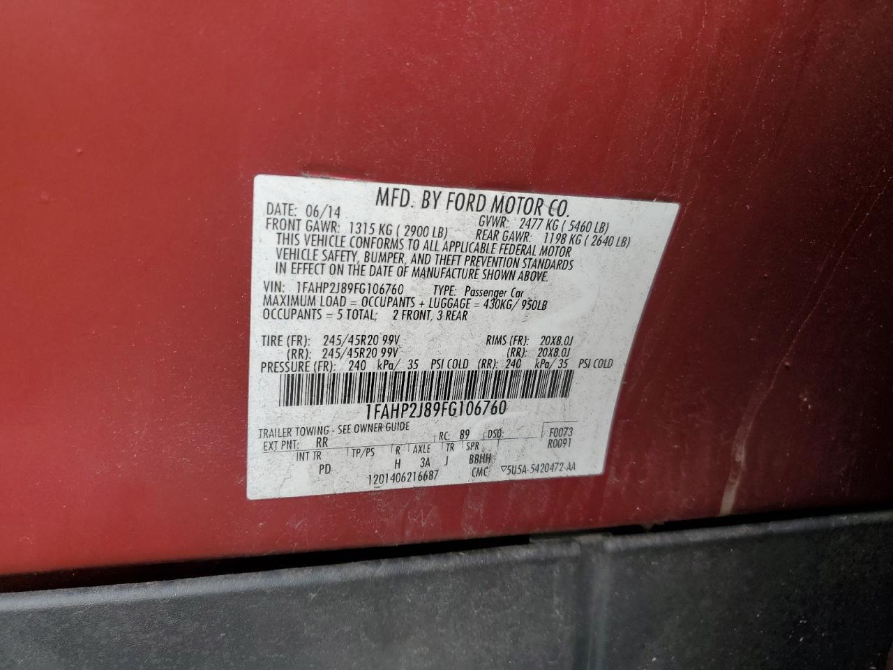 2015 Ford Taurus Limited VIN: 1FAHP2J89FG106760 Lot: 92037405