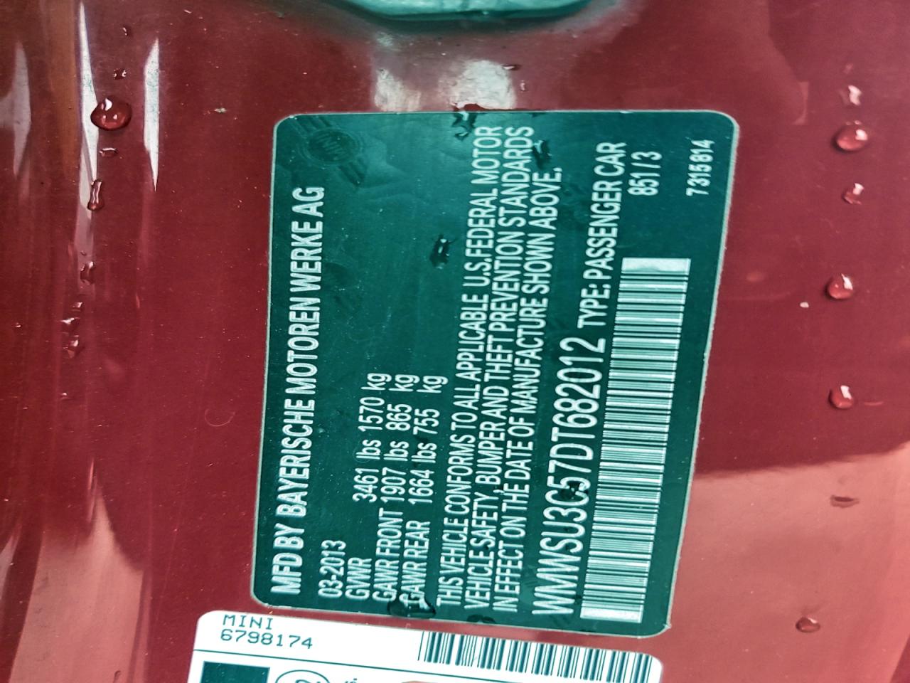 2013 Mini Cooper VIN: WMWSU3C57DT682012 Lot: 94383445