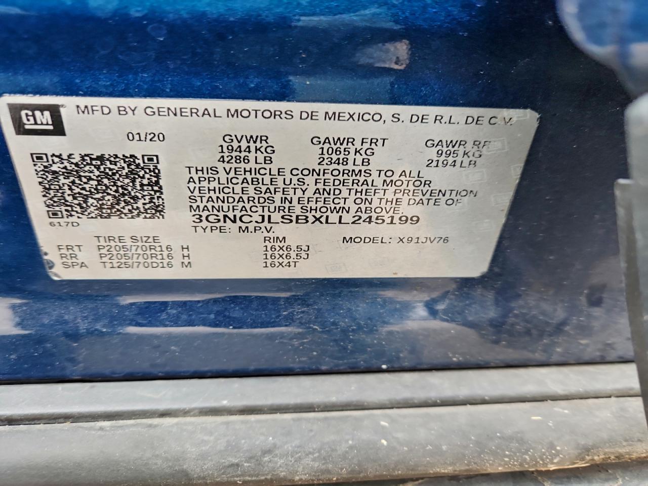 2020 Chevrolet Trax 1Lt VIN: 3GNCJLSBXLL245199 Lot: 93500575