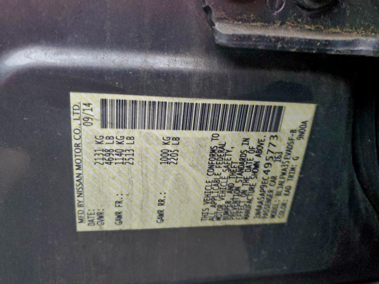 2014 Nissan Maxima S VIN: 1N4AA5AP9EC495773 Lot: 93965255