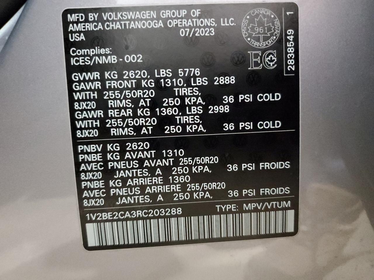 2024 Volkswagen Atlas Cross Sport Sel VIN: 1V2BE2CA3RC203288 Lot: 90427535