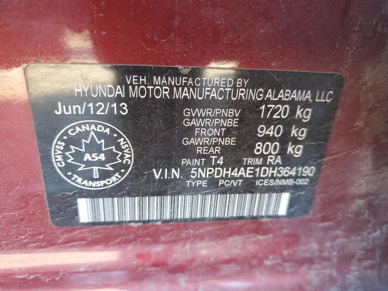 2013 Hyundai Elantra Gls VIN: 5NPDH4AE1DH364190 Lot: 91022715