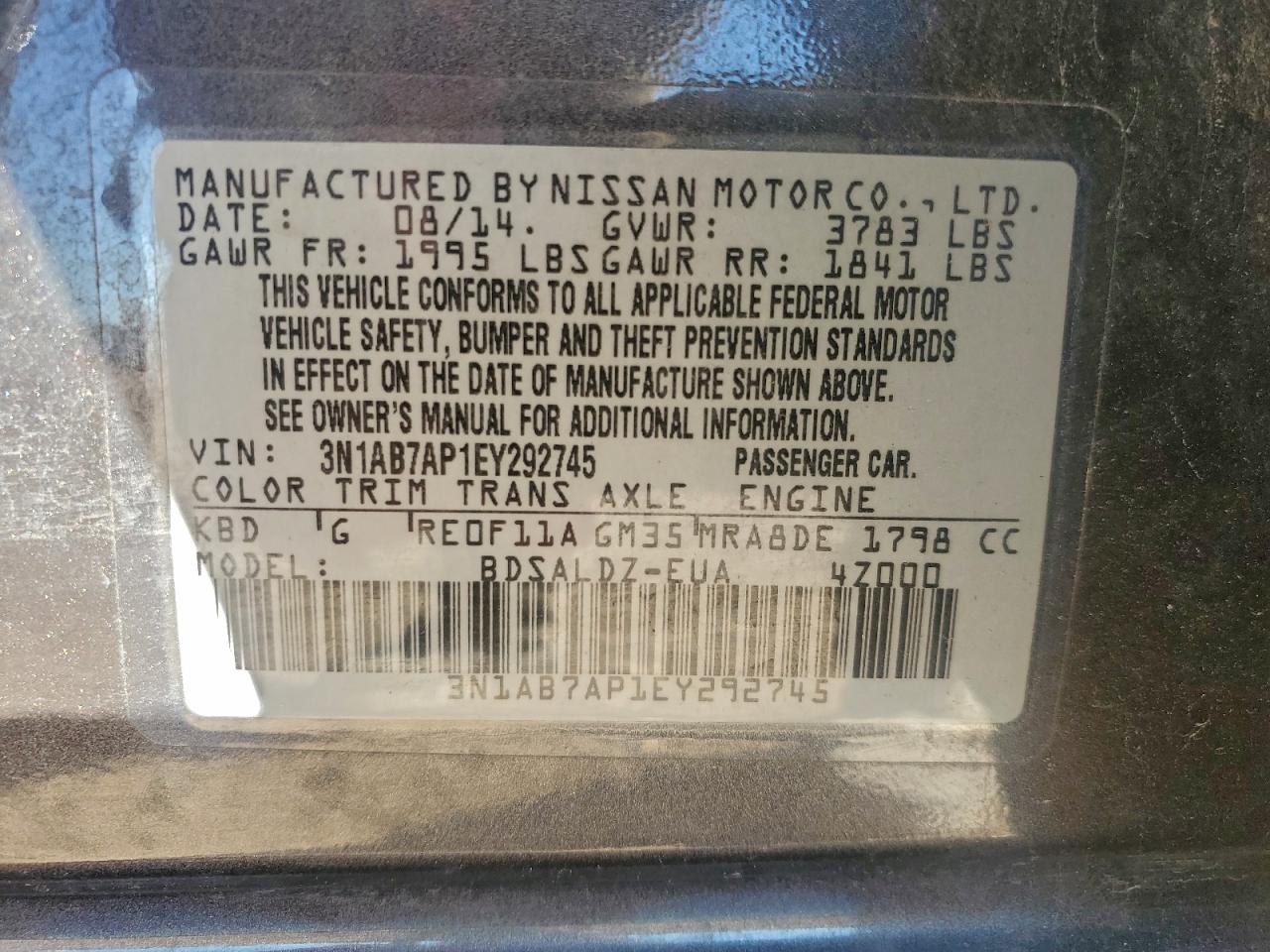 2014 Nissan Sentra S VIN: 3N1AB7AP1EY292745 Lot: 94170095