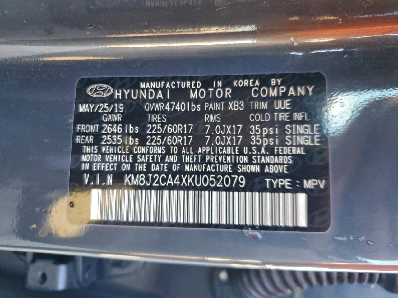 2019 Hyundai Tucson Se VIN: KM8J2CA4XKU052079 Lot: 94250805