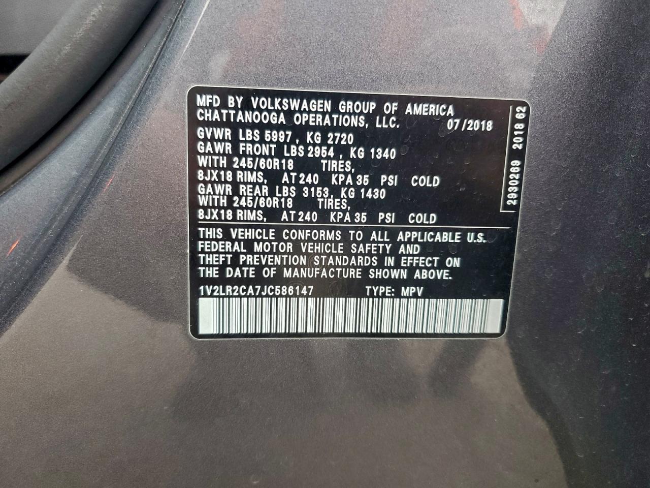 2018 Volkswagen Atlas Se VIN: 1V2LR2CA7JC586147 Lot: 94108065