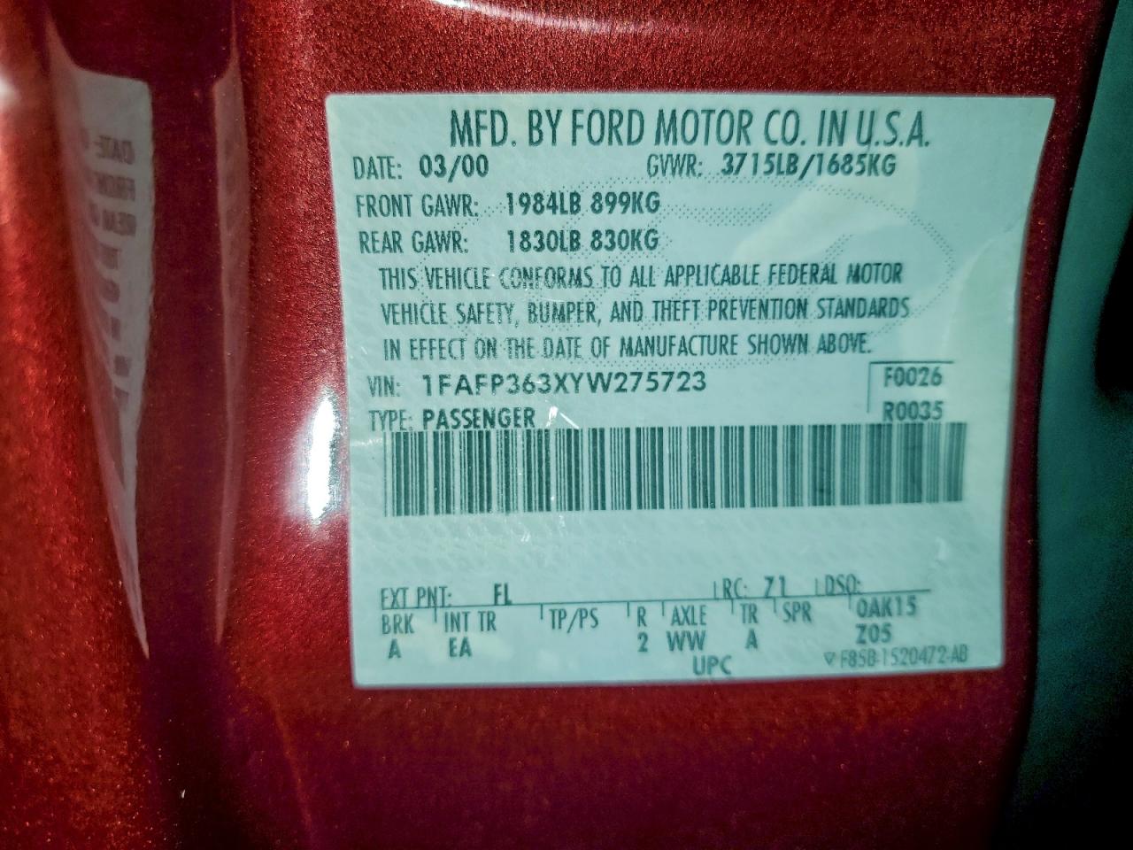 2000 Ford Focus Se VIN: 275723 Lot: 95041045