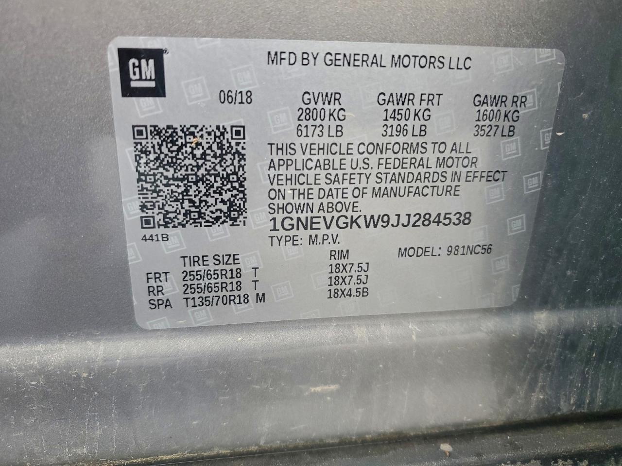 2018 Chevrolet Traverse Lt VIN: 1GNEVGKW9JJ284538 Lot: 94057135