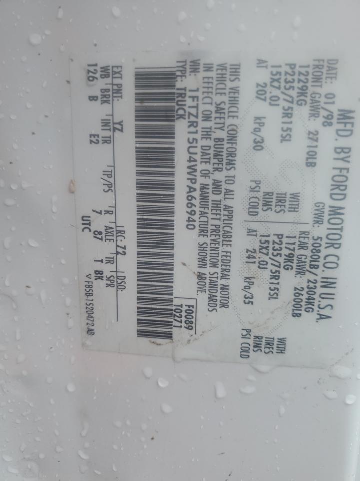 1998 Ford Ranger Super Cab VIN: 1FTZR15U4WPA66940 Lot: 91433745