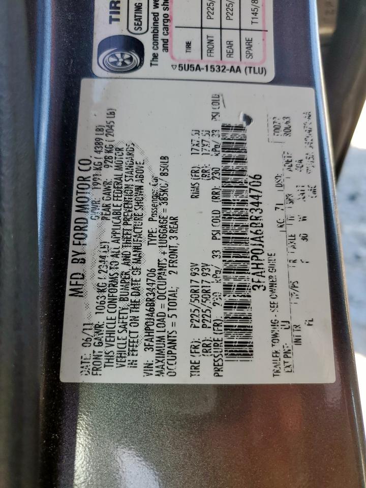 2011 Ford Fusion Sel VIN: 3FAHP0JA6BR344706 Lot: 92582695