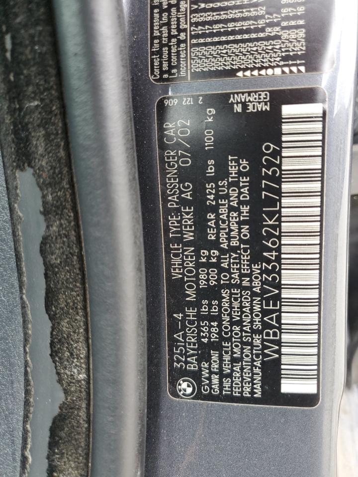 2002 BMW 325 I VIN: WBAEV33462KL77329 Lot: 90737345