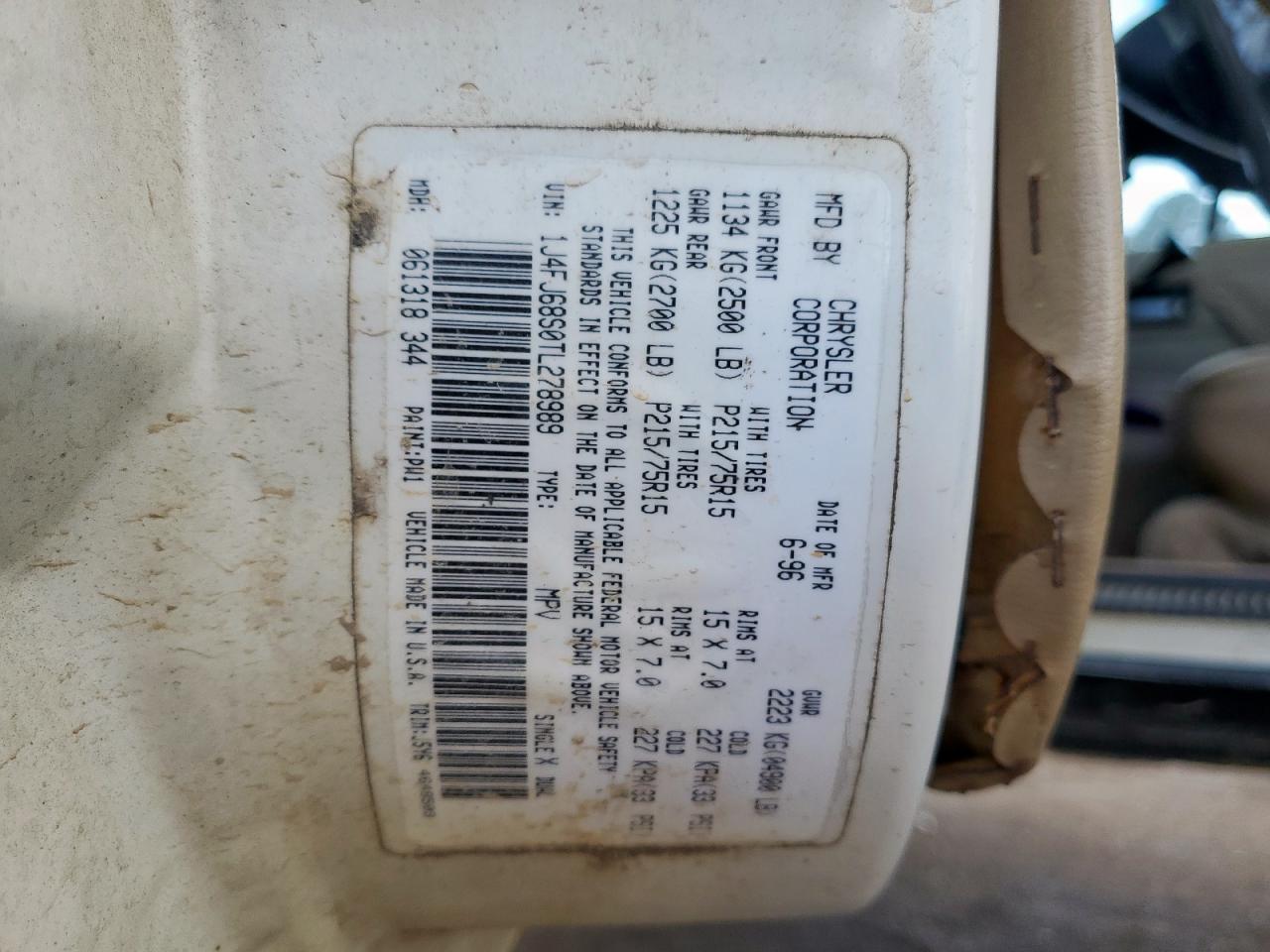 1996 Jeep Cherokee Sport VIN: 1J4FJ68S0TL278989 Lot: 92621315