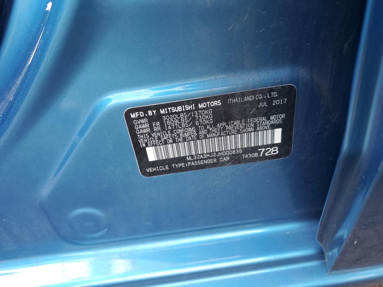 2018 Mitsubishi Mirage Es VIN: ML32A3HJ2JH000835 Lot: 92375815