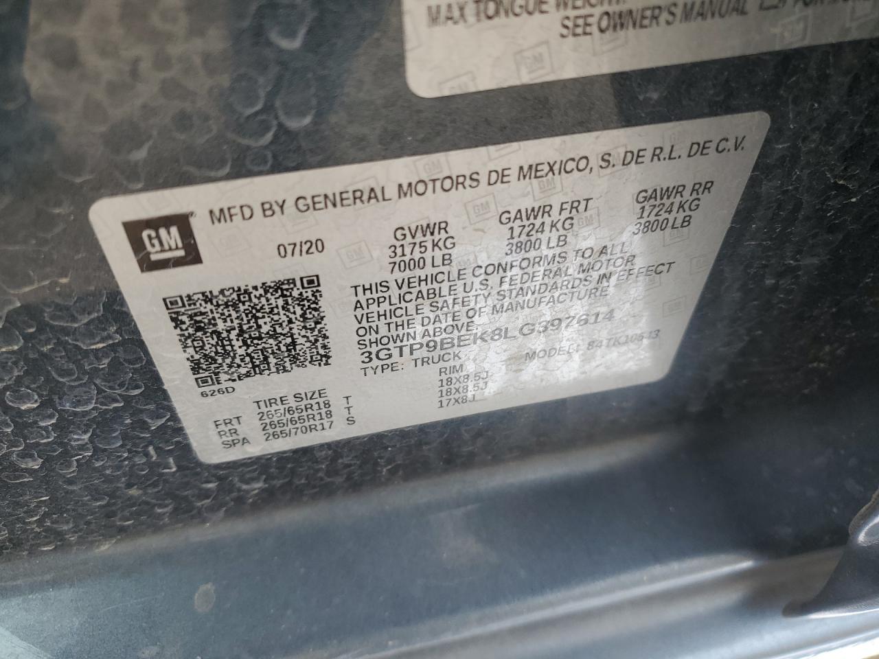 2020 GMC Sierra K1500 Sle VIN: 3GTP9BEK8LG397614 Lot: 92614875