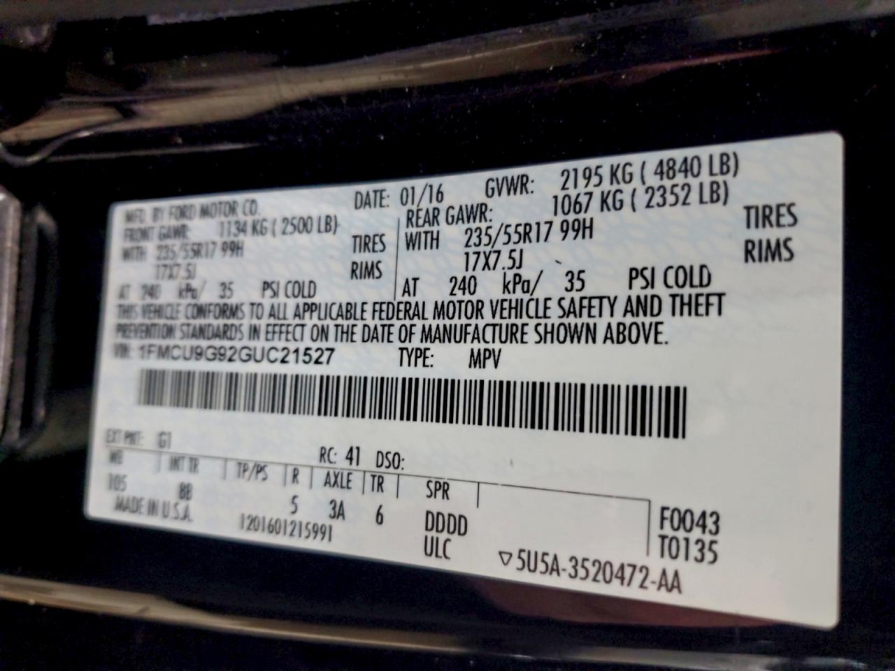 2016 Ford Escape Se VIN: 1FMCU9G92GUC21527 Lot: 93278885