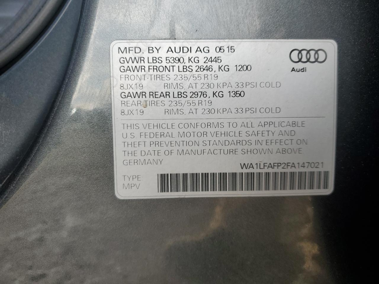 2015 Audi Q5 Premium Plus VIN: WA1LFAFP2FA147021 Lot: 93304315