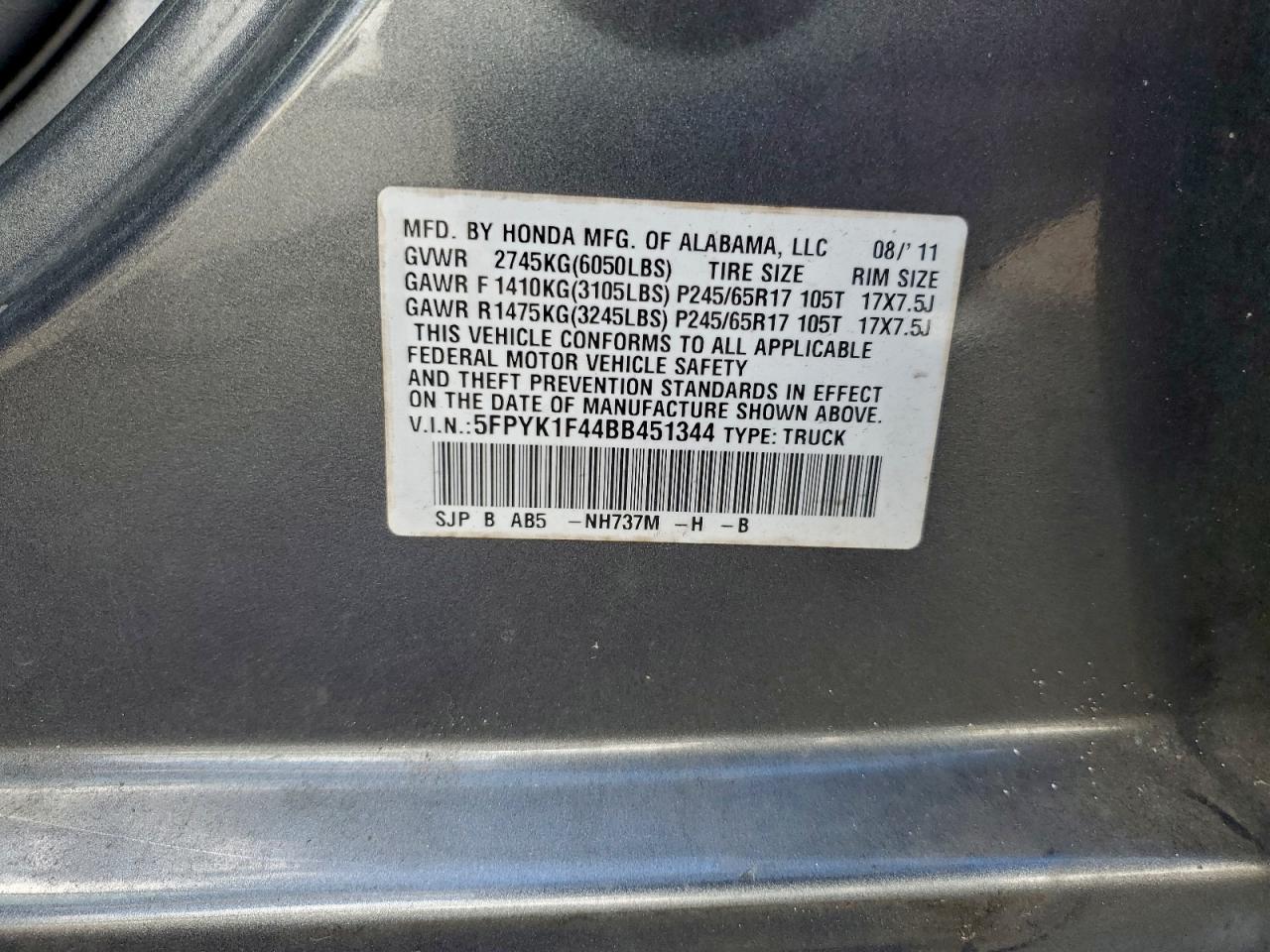 2011 Honda Ridgeline Rts VIN: 5FPYK1F44BB451344 Lot: 94216475