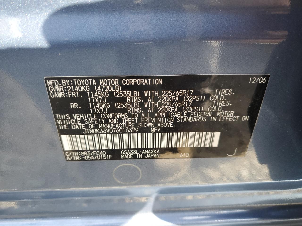 2007 Toyota Rav4 VIN: JTMBK33V076016329 Lot: 93531425