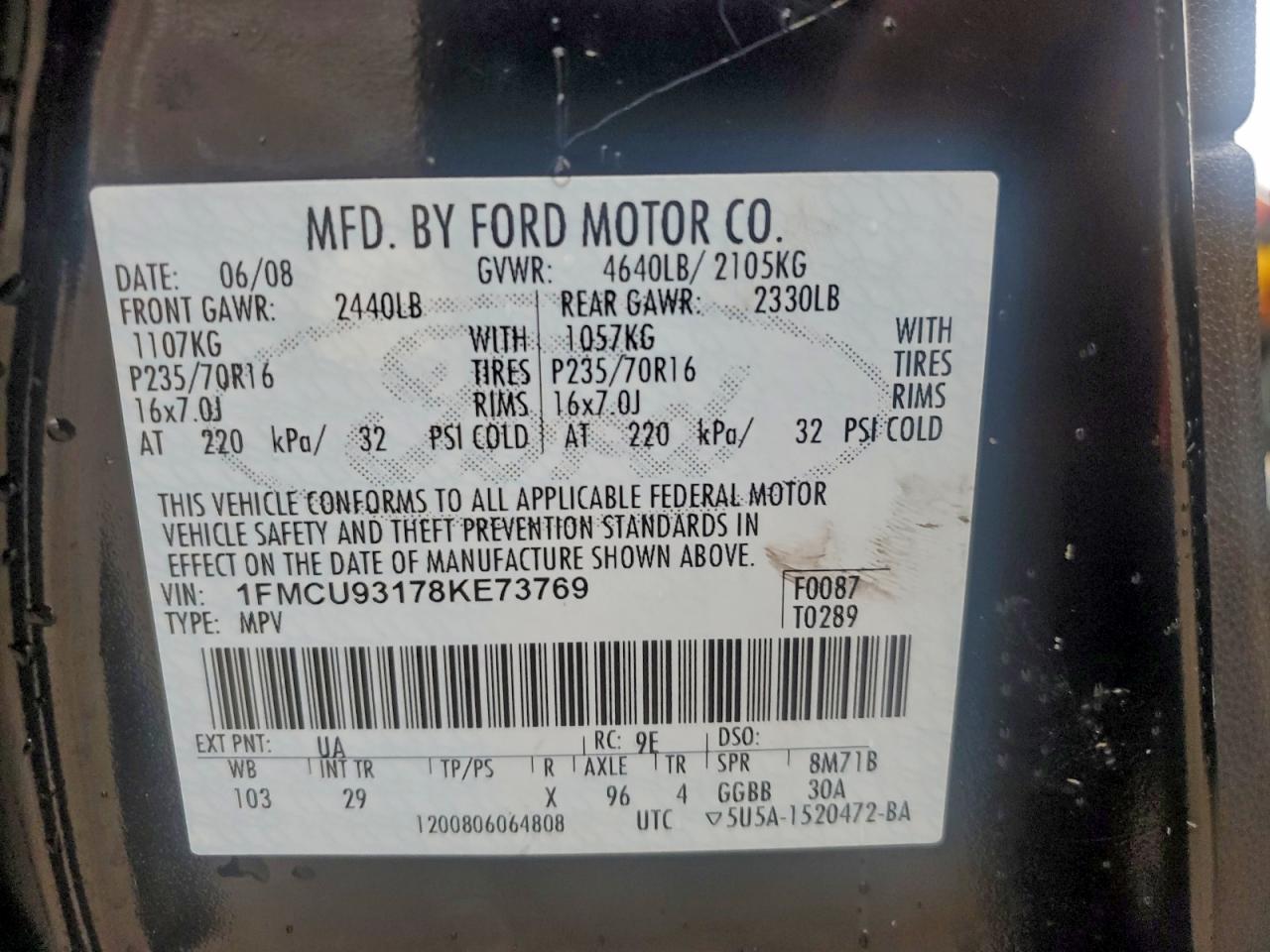 2008 Ford Escape Xlt VIN: 1FMCU93178KE73769 Lot: 93609365