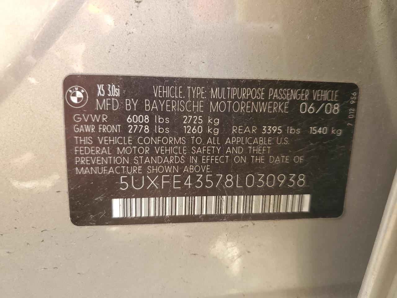 2008 BMW X5 3.0I VIN: 5UXFE43578L030938 Lot: 91265355