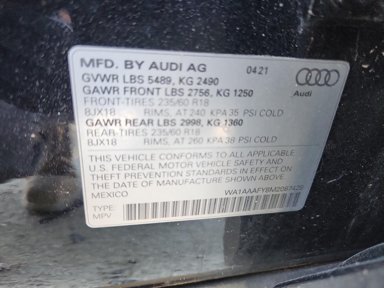 2021 Audi Q5 Premium VIN: WA1AAAFY8M2087428 Lot: 91525175