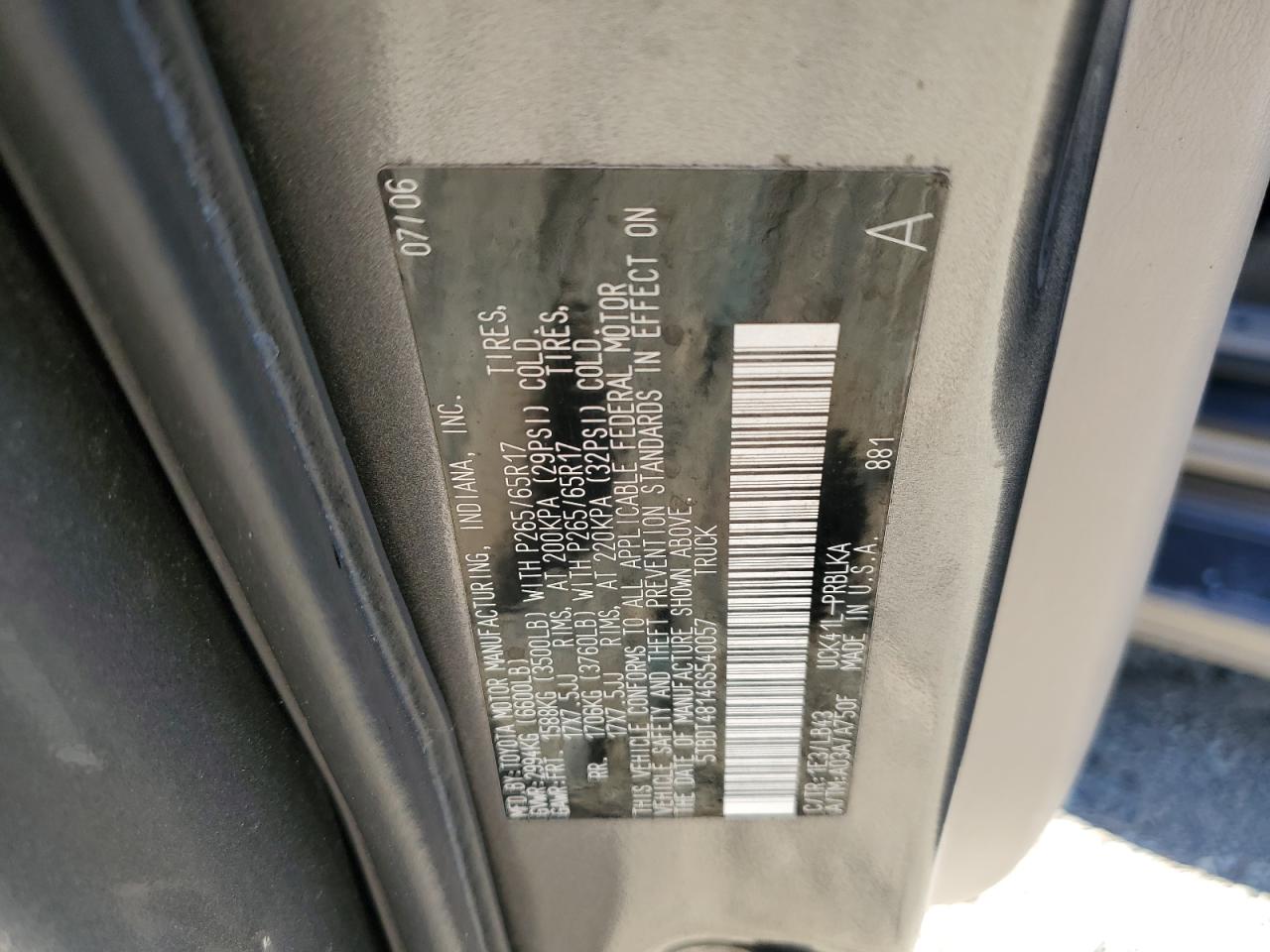 2006 Toyota Tundra Double Cab Limited VIN: 5TBDT48146S540057 Lot: 93450325