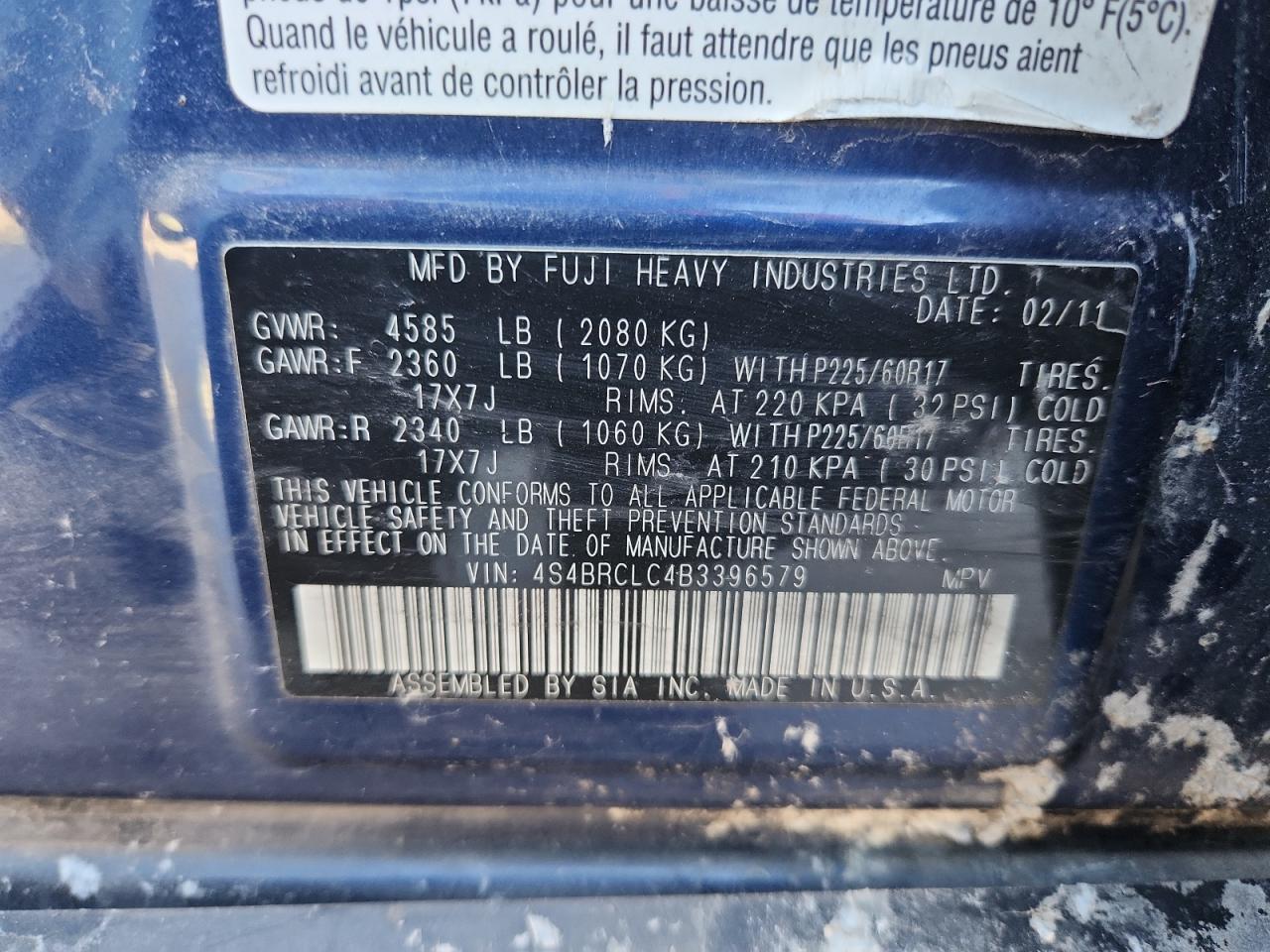 2011 Subaru Outback 2.5I Limited VIN: 4S4BRCLC4B3396579 Lot: 92005295