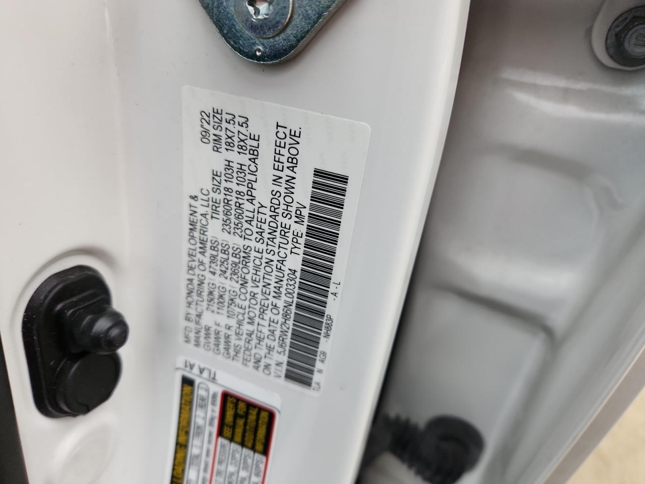 2022 Honda Cr-V Exl VIN: 5J6RW2H86NL003304 Lot: 91988585