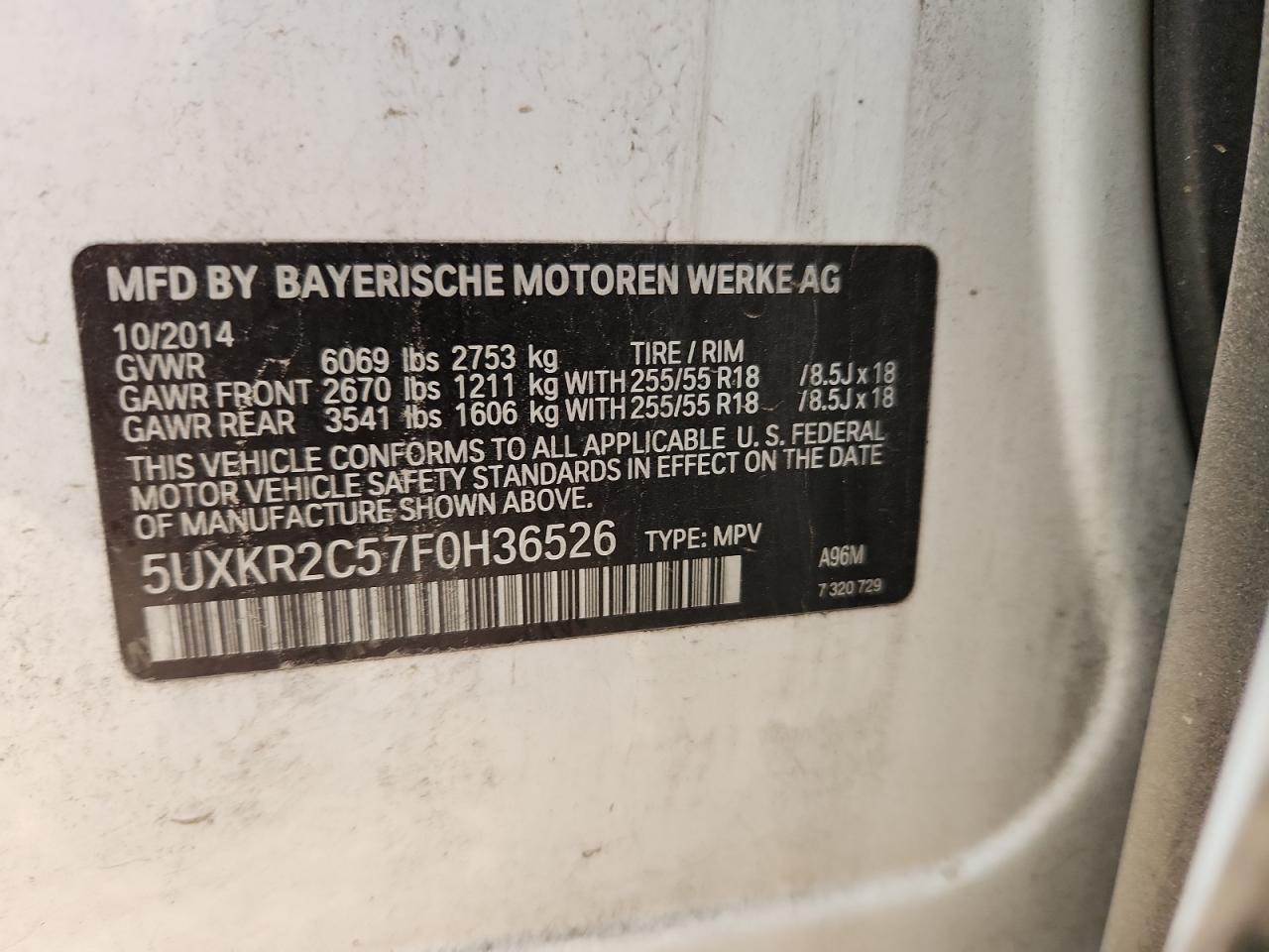 2015 BMW X5 Sdrive35I VIN: 5UXKR2C57F0H36526 Lot: 93711845