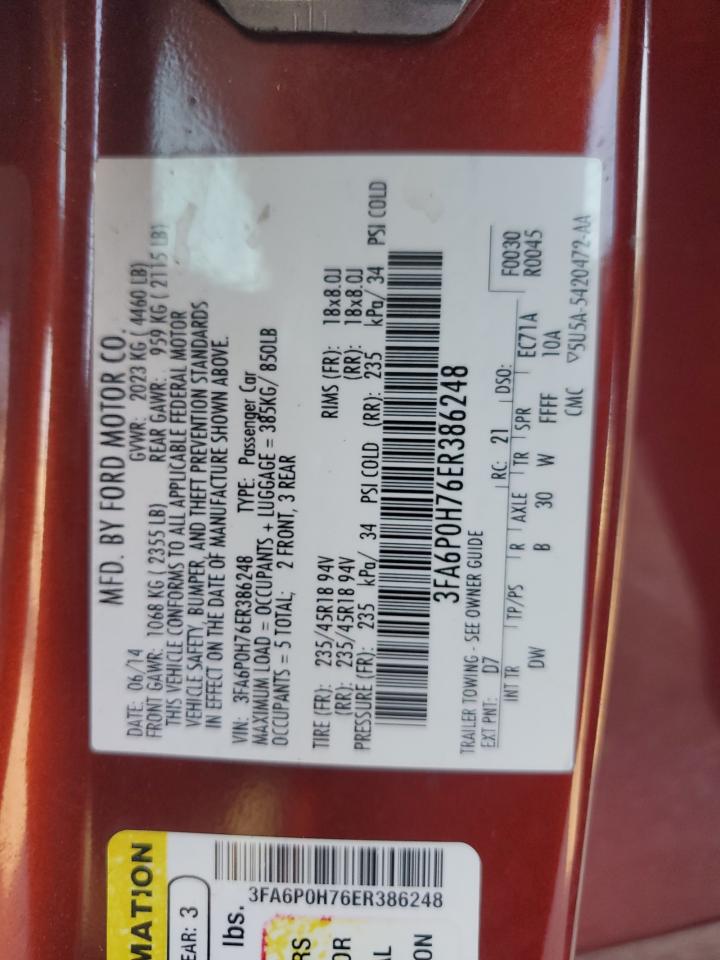 2014 Ford Fusion Se VIN: 3FA6P0H76ER386248 Lot: 93279875