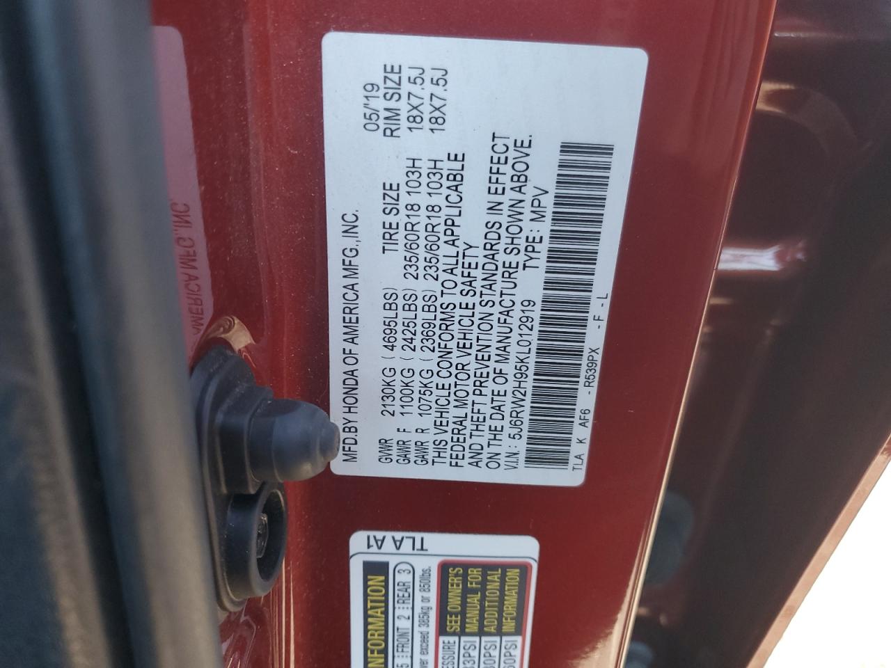 2019 Honda Cr-V Touring VIN: 5J6RW2H95KL012919 Lot: 91911355