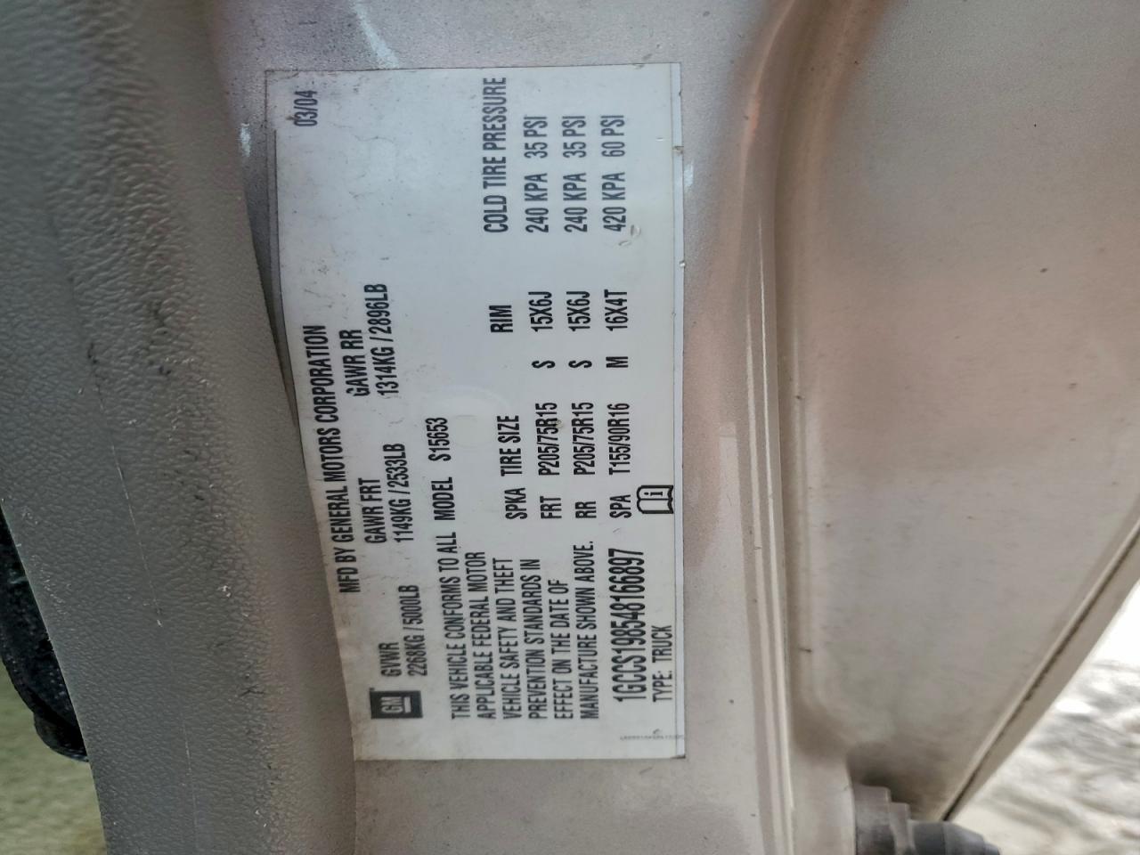 2004 Chevrolet Colorado VIN: 1GCCS198548166897 Lot: 92927885