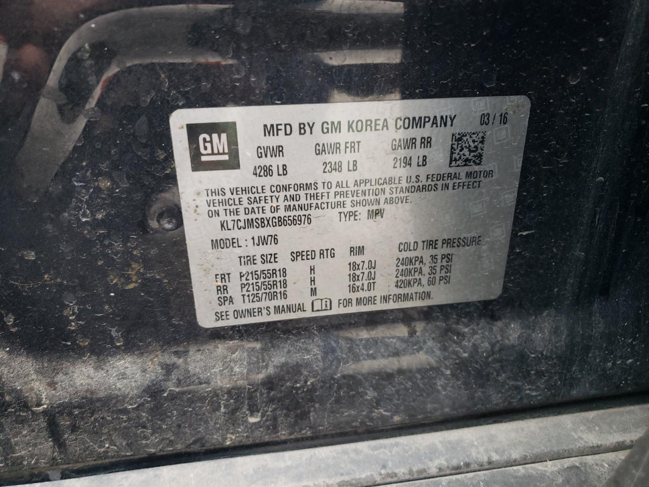 2016 Chevrolet Trax Ltz VIN: KL7CJMSBXGB656976 Lot: 91871135