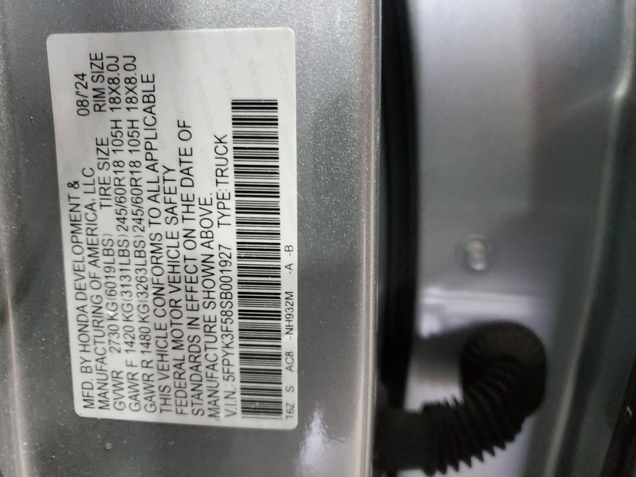 2025 Honda Ridgeline Rtl VIN: 5FPYK3F58SB001927 Lot: 92317455