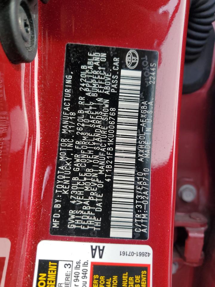 2019 Toyota Avalon Xle VIN: 4T1B21FB1KU006768 Lot: 93067185