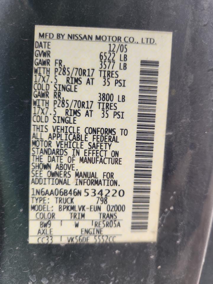 2006 Nissan Titan Xe VIN: 1N6AA06B46N534220 Lot: 92411555