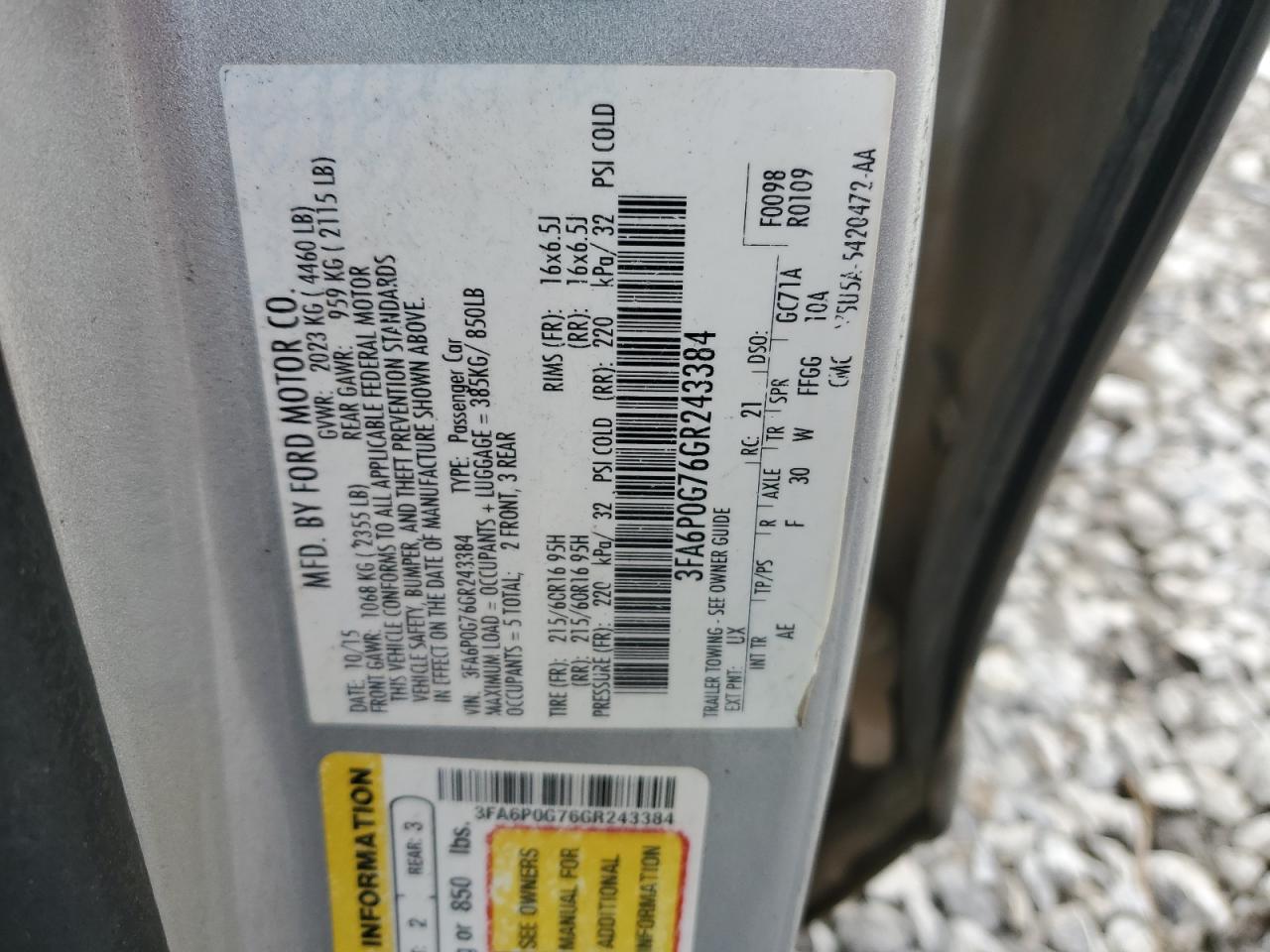 2016 Ford Fusion S VIN: 3FA6P0G76GR243384 Lot: 90574525