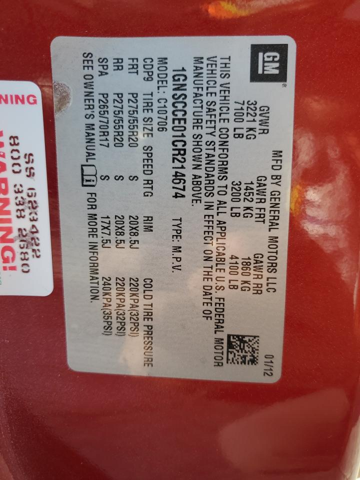 2012 Chevrolet Tahoe C1500 Ltz VIN: 1GNSCCE01CR214674 Lot: 91677755