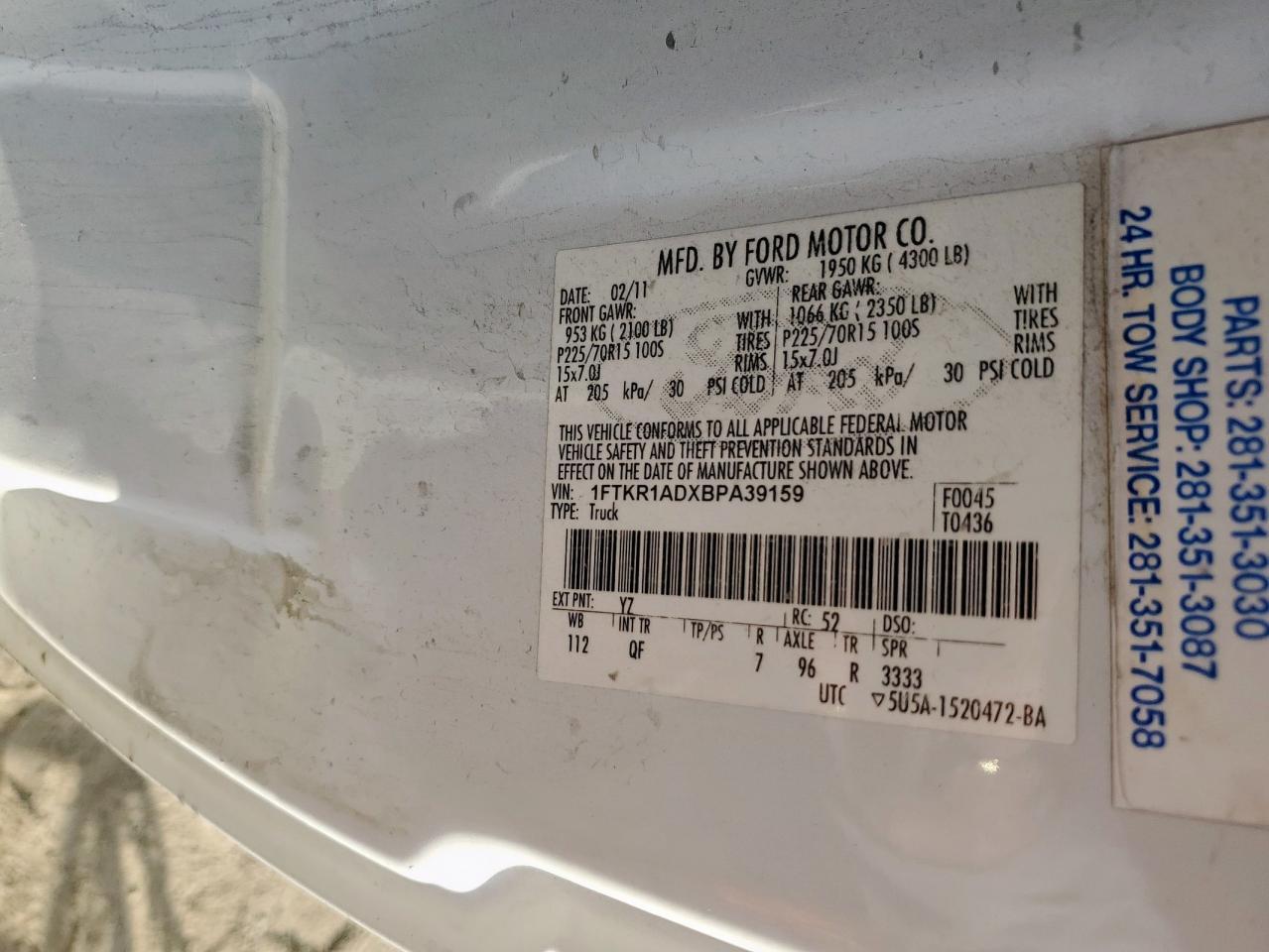 2011 Ford Ranger VIN: 1FTKR1ADXBPA39159 Lot: 93326045