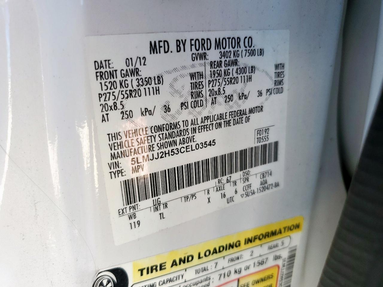 2012 Lincoln Navigator VIN: 5LMJJ2H53CEL03545 Lot: 92537005